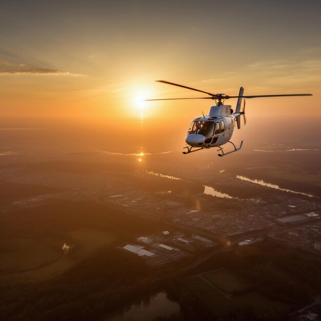 Privater Hubschrauberblick während des Fluges mit orangefarbenem Himmel bei Sonnenuntergang