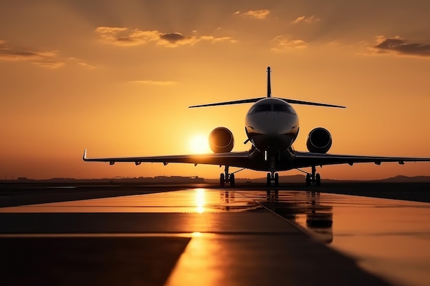 Privatflugzeug auf der Start- und Landebahn bei Sonnenaufgang Silhouette