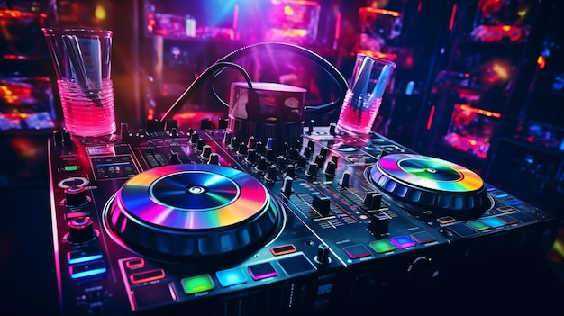 Pro-DJ-Kopfhörer auf einem Soundmixer-Gerät in einem Nachtclub