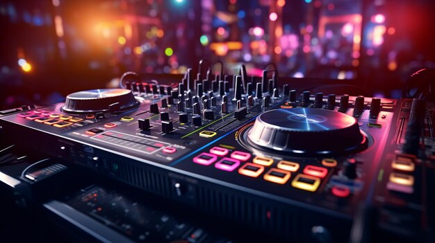 Pro-DJ-Kopfhörer auf einem Soundmixer-Gerät in einem Nachtclub