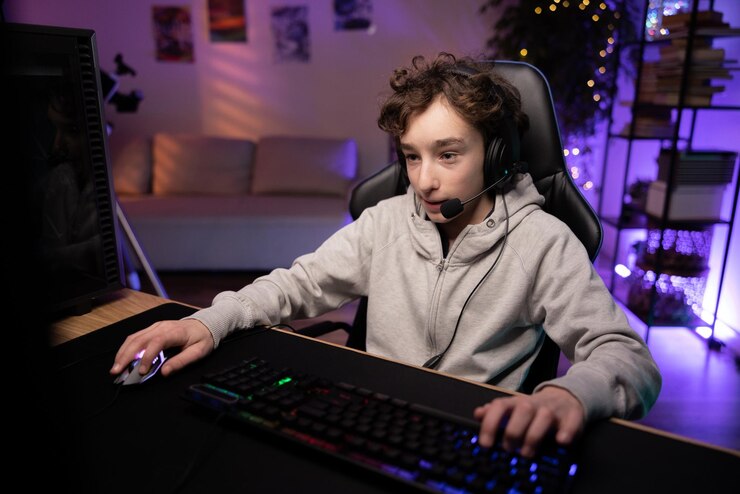 Pro gamer juega juegos en la computadora por la noche en la habitación