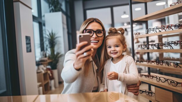 Probándose nuevos anteojos en el oftalmólogo, una madre y su hija se toman selfies usando IA generativa