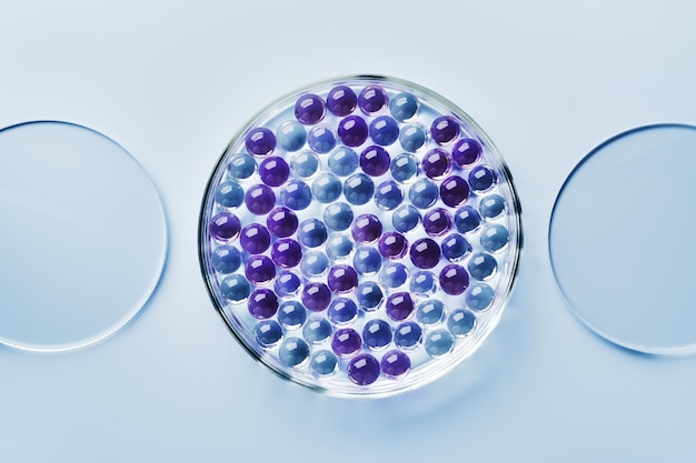 Probe von Gelbläschen in Petrischale auf blauem Hintergrund harte Schatten Abstraktes Wissenschaftsmedizin- und -schönheitskonzept