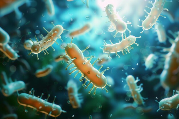 Probióticos Histórico da ciência biológica mostrando bactérias microscópicas em detalhes