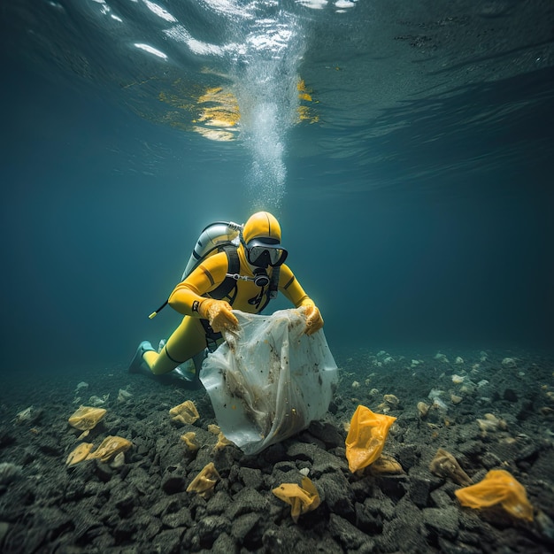 Problem der Umweltverschmutzung Kubanischer Taucher sammelt Plastikmüll vom Meeresboden
