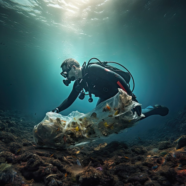 Problem der Umweltverschmutzung Taucher sammelt Plastikmüll vom Meeresboden