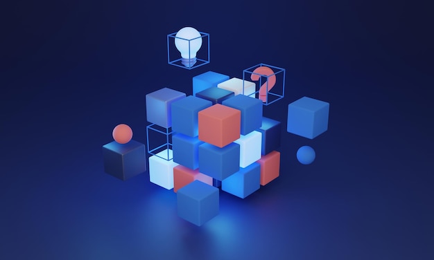 Problem und Lösung 3D-Konzept Quadratisches Teil, das in ein größeres Puzzle passt