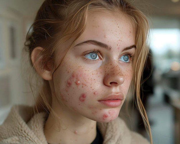 Foto problema de acné en el mentón de una chica joven acné en la cara y las mejillas piel facial problemática