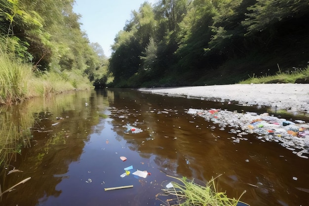 problema ambiental una alfombra de residuos plásticos en las aguas del río