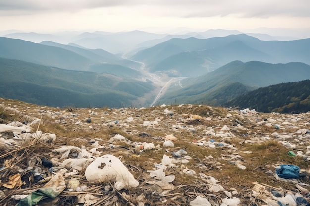 Foto problema ambiental basura plástica o basura en la montaña debido al calentamiento global concepto de contaminación