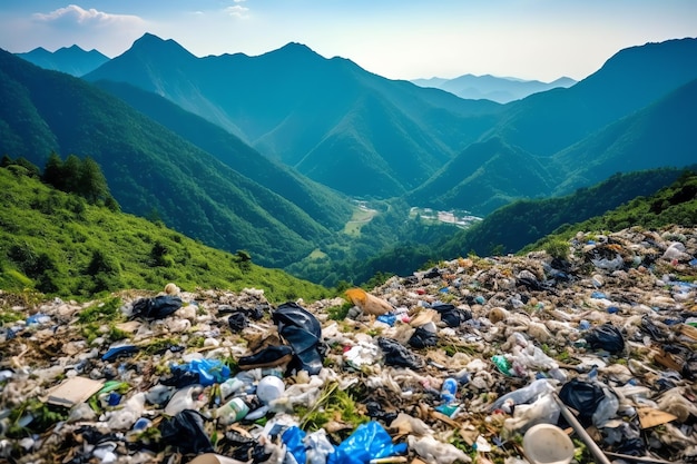 Problema ambiental lixo plástico ou lixo na montanha do conceito de poluição do aquecimento global
