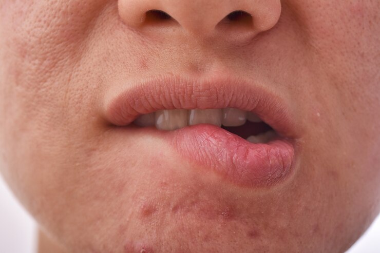 Problema de doença de pele, lábio seco e rachado de morder o lábio, cicatriz de acne e espinhas com poros dilatados, rosto envelhecido e rugas, mulher se preocupa com problemas faciais.