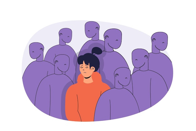Problema de saúde mental conceito de web com desenho animado plano pessoas para design de site Mulher sentindo tristeza e solidão em multidão humana sofrendo depressão precisando de psicoterapia Ilustração vetorial