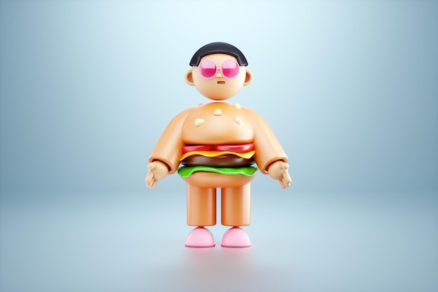 Problema de obesidad personaje de dibujos animados con una hamburguesa en lugar de un cuerpo Sobrepeso comida rápida comida chatarra 3D ilustración 3D render