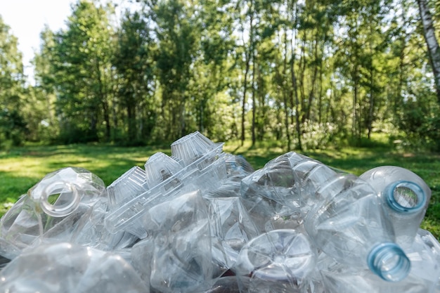 Problema plástico uma montanha de garrafas plásticas no contexto de uma poluição da natureza da floresta verde