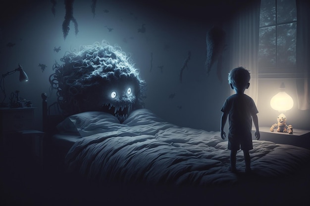 Problema de sueño de los niños Dormir miedos pesadillas sueños de miedo habitación de los niños ambiente oscuro y sombrío cama de los niños monstruos sobre la cama