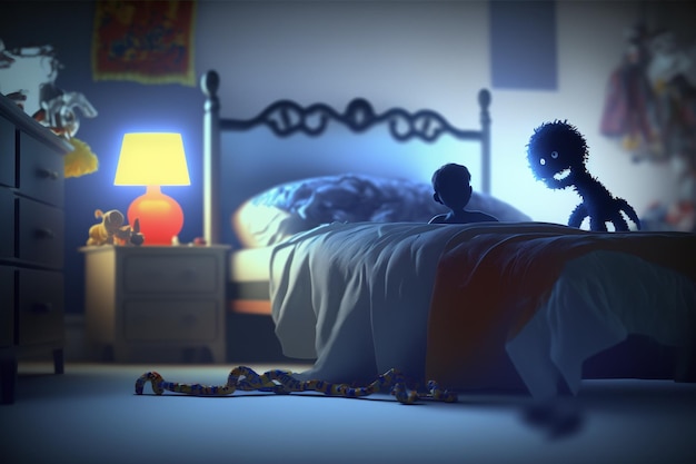 Problema de sueño de los niños Dormir miedos pesadillas sueños de miedo habitación de los niños ambiente oscuro y sombrío cama de los niños monstruos sobre la cama