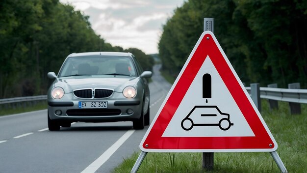 Foto problemas con el coche y una señal de advertencia de triángulo rojo en la carretera