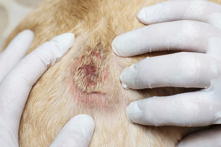 Foto problemas dermatológicos da pele em soja. ferida aberta no animal.