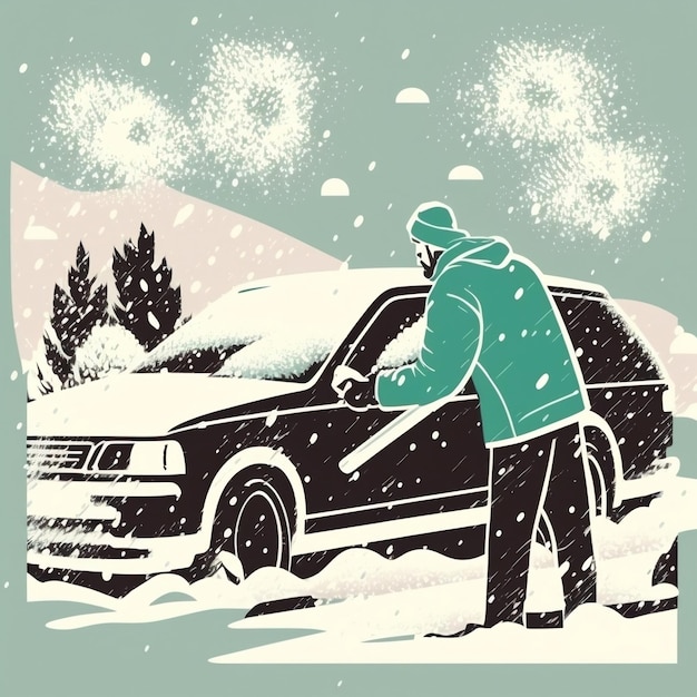 Problemas invernales de los conductores de automóviles Un hombre cepillando la nieve del automóvil Un hombre quitando la nieve del automóvil