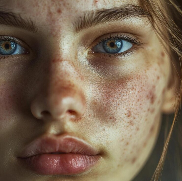 Problemas de la piel con acné herpes manchas pecas hiperpigmentación de cerca de la