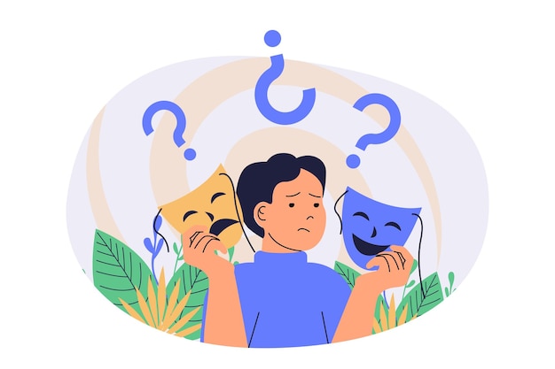 Problemas de salud mental concepto web con dibujos animados planos personas para el diseño de sitios web Hombre con mente molesta y triste sostiene máscaras de teatro e imita papeles que necesitan psicoterapia Ilustración vectorial