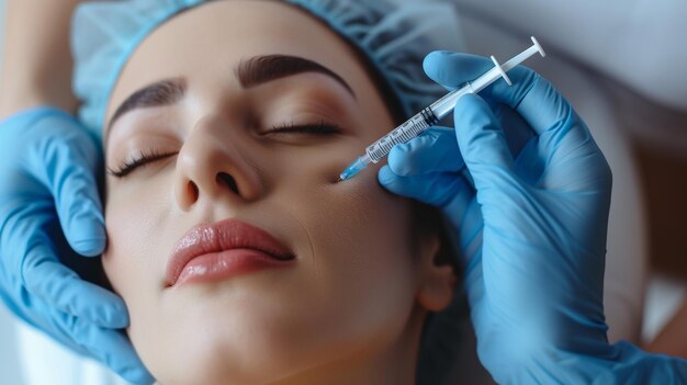 Procedimento de aumento e correção dos lábios num salão de cosmetologia O especialista faz uma injecção de beleza