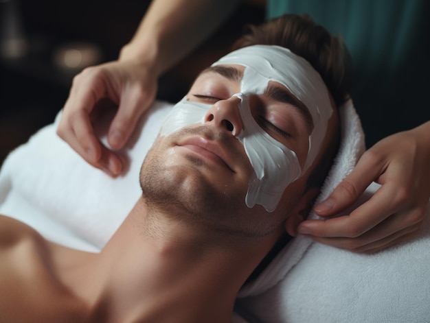 Procedimientos de cuidado de la piel facial en un tratamiento de belleza Scrup aplica máscara hombre se coloca en el entrenador para procedimientos de belleza Generado AI