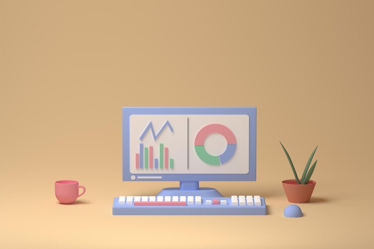 Foto procesador 3d de computadora de mesa con gráficos y una taza de café y una planta