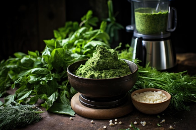 Procesador de alimentos con hierbas frescas para salsa pesto