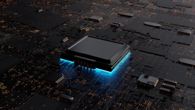 Procesador de chip de computadora Ai en la placa base se ilumina en azul Inteligencia artificial Chip de gráficos minería tecnologías digitales seguridad de red 3d render