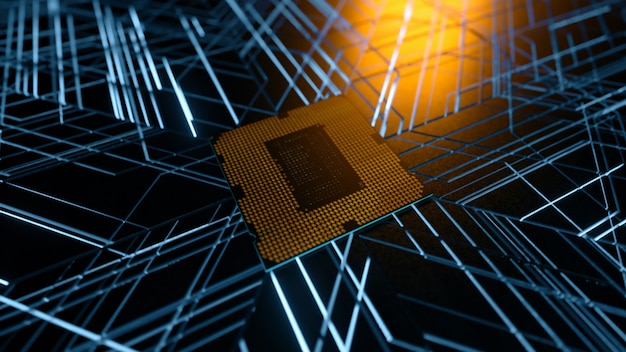 Un procesador de computadora con millones de conexiones y señales. Fondo de tecnología cpu.