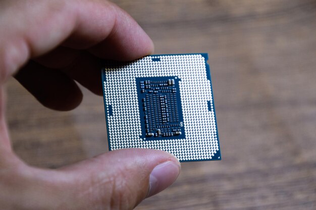 El procesador es una computadora de escritorio en la mano Inspeccione los contactos de la CPU antes de instalar