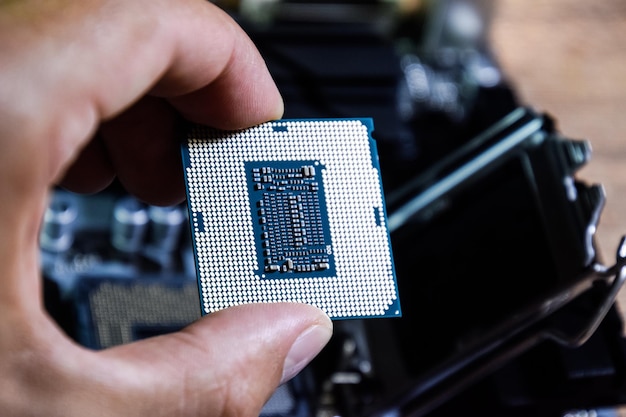 Foto el procesador es una computadora de escritorio en la mano. inspeccione los contactos de la cpu antes de instalar.