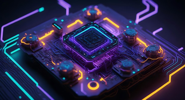 Foto un procesador futurista con luces de neón con circuitos intrincados y un microchip brillante