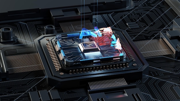 Procesador de microchip futurista con luces sobre fondo negro Concepto de base de datos de procesamiento de datos grandes de computadora cuántica CPU isométrica Procesadores de computadora central Concepto de CPU Chip digital