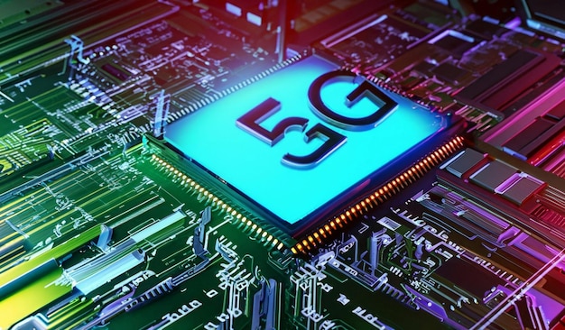 Procesador de red 5G chip de placa madre de computadora de renderización 3D con logotipo 5G y fondo de circuito