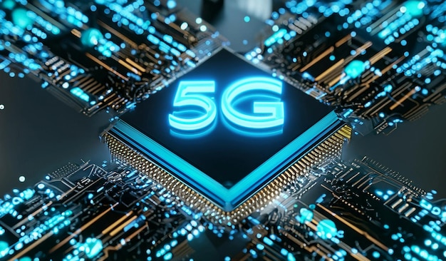 Procesador de red 5G chip de placa madre de computadora de renderización 3D con logotipo 5G y fondo de circuito