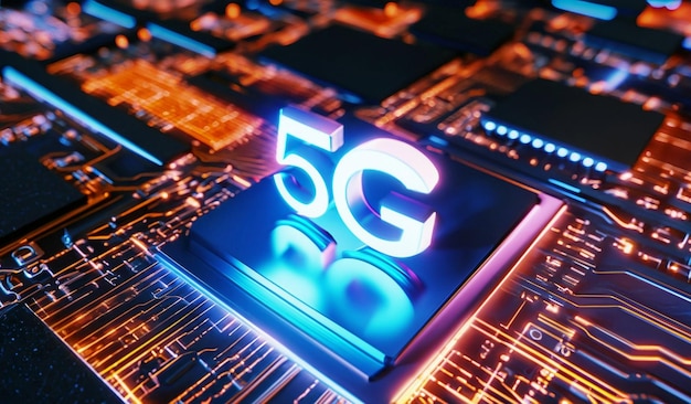 Procesador de red 5G chip de placa madre de computadora de renderización 3D con logotipo 5G y fondo de circuito