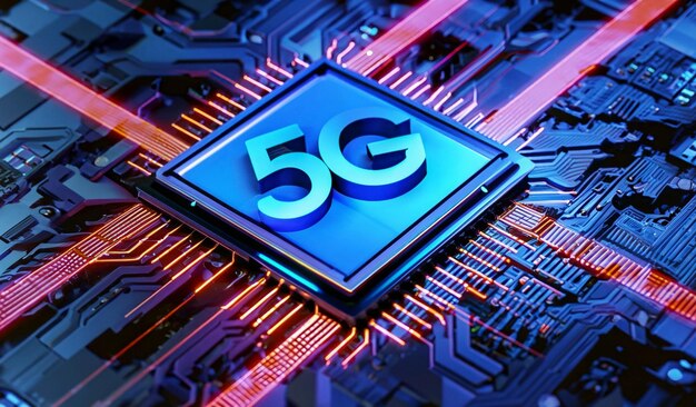 Procesador de red 5G chip de placa madre de computadora de renderización 3D con logotipo 5G y fondo de circuito