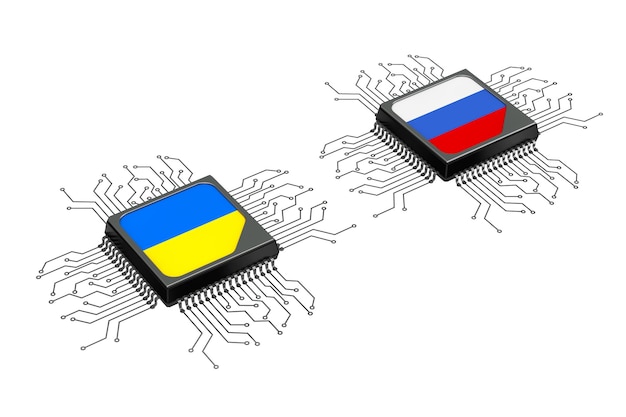 Procesadores de CPU de microchip híbridos y de concepto de guerra cibernética con circuito y banderas de Ucrania y Rusia sobre un fondo blanco Representación 3d