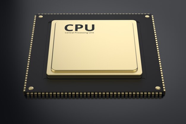 Procesamiento 3D de chip de cpu de oro sobre fondo negro