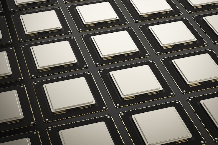 Foto procesamiento 3d de chips de cpu en una fila