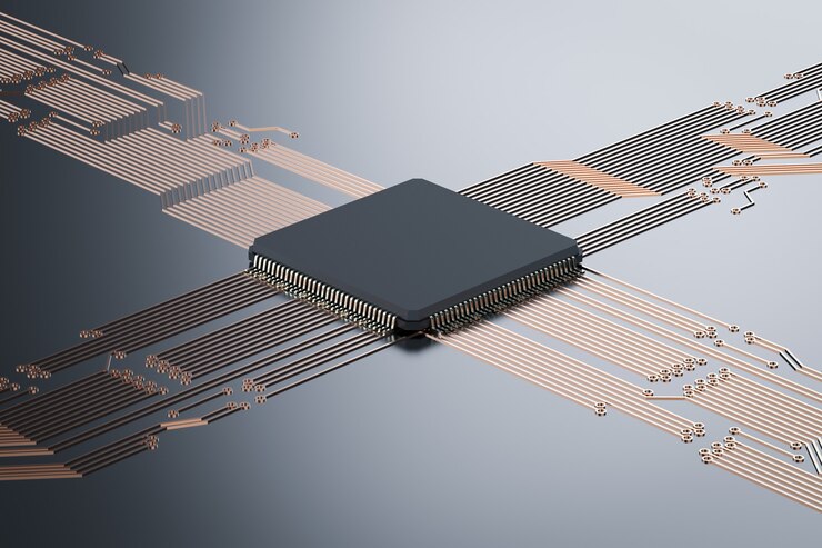 Foto procesamiento 3d de chips de cpu en placa de circuito negro