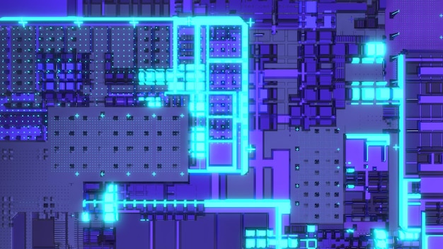 procesamiento 3d vista de primer plano de la placa base de pc, colorido y detalles