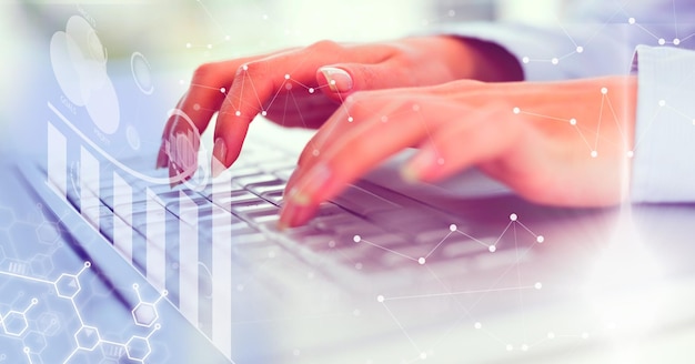 Procesamiento de datos financieros sobre mujeres usando computadora. concepto global de tecnología, negocios y finanzas imagen generada digitalmente.
