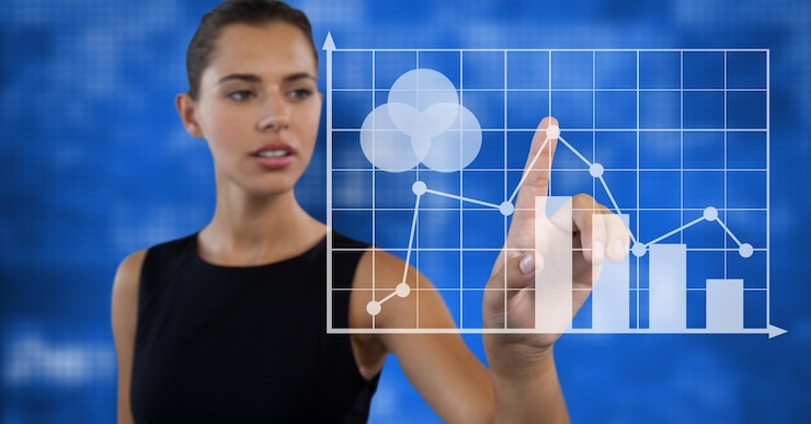 Foto procesamiento de datos financieros sobre mujeres usando una pantalla digital interactiva. concepto global de tecnología, negocios y finanzas imagen generada digitalmente.