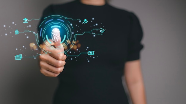 Procesamiento digital futurista del escáner de huellas dactilares de identificación biométrica para acceder a la vigilancia de datos financieros personales y escaneo de seguridad de programas digitales aplicaciones cibernéticas futuristas