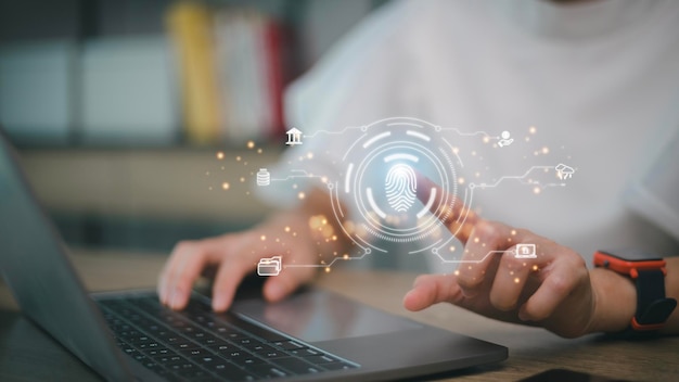 Foto procesamiento digital futurista del escáner de huellas dactilares de identificación biométrica para acceder a la vigilancia de datos financieros personales y escaneo de seguridad de programas digitales aplicaciones cibernéticas futuristas