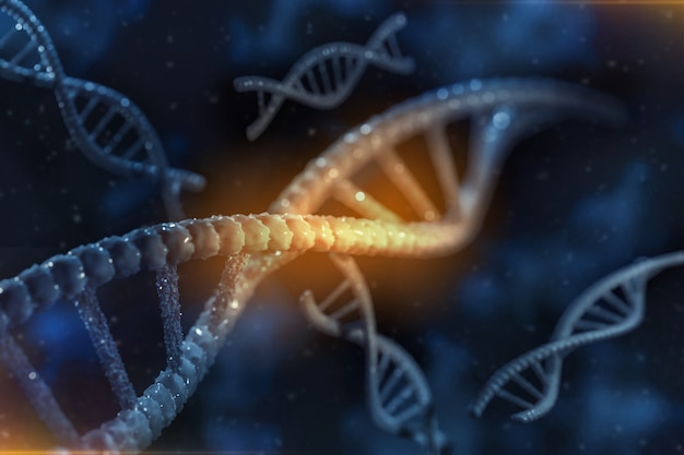 Procesamiento de imagen 3d abstracta de la cadena de adn en el fondo borroso. Ciencia de la mutación genética, concepto de medicina saludable y médica.